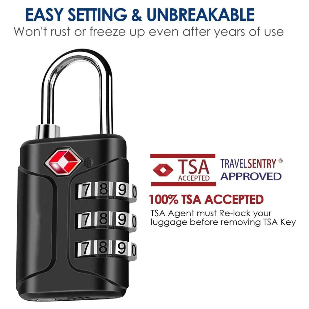 serrures de bagages approuvées par la tsa, cadenas de voyage à combinaison, serrure étanche à 3 chiffres, serrure réinitialisable sans clé pour l'extérieur acceptée par la tsa