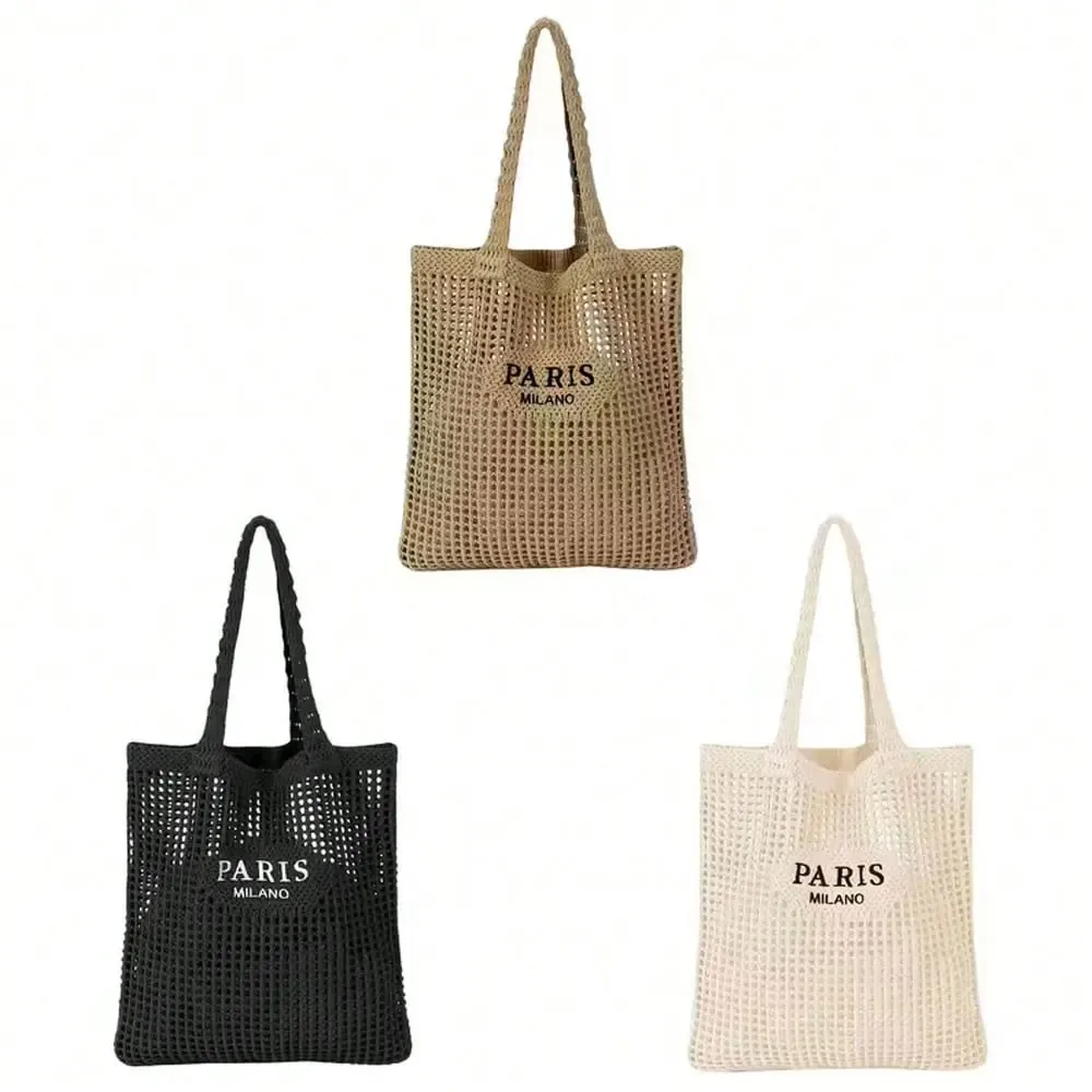 sac fourre-tout tricoté pour femme - sac à bandoulière ouvert avec inscription paris, sac de plage et de voyage respirant, tissu lavable, accessoire de shopping décontracté, design tissé durable, exclusif pour les passionnés de mode