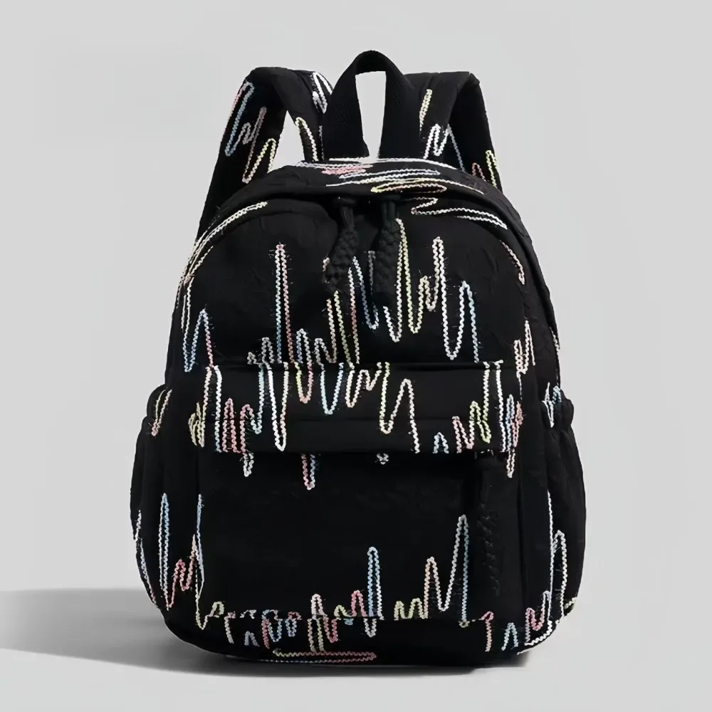 sac dos nylon motif ondulé légèrement matte lacet reglable fermeture éclair petite capacité voyage femme bleu noir beige