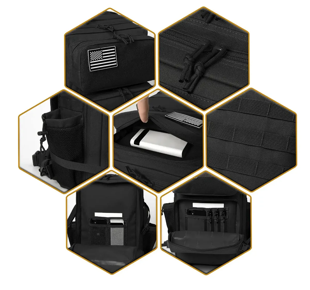 sac dos polyester noir motif bandes verticales poches ouvertes poche intérieure zippée bandoulière arquée escalade camping randonnée