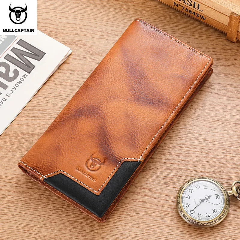 bullcaptain – sac à main long en cuir véritable pour hommes, fonction rfid, porte-carte de crédit, porte-monnaie en cuir, portefeuille multifonctionnel