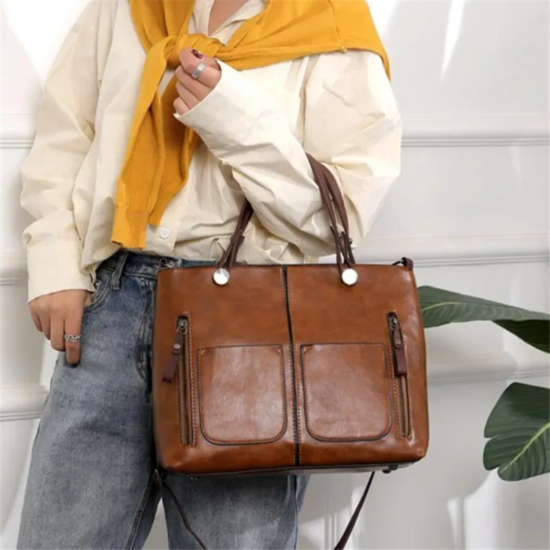 sac à main en cuir rétro europe america, sac à bandoulière, fourre-tout à deux poches avec fermeture éclair, sacs à bandoulière classiques pour femmes, travail et affaires