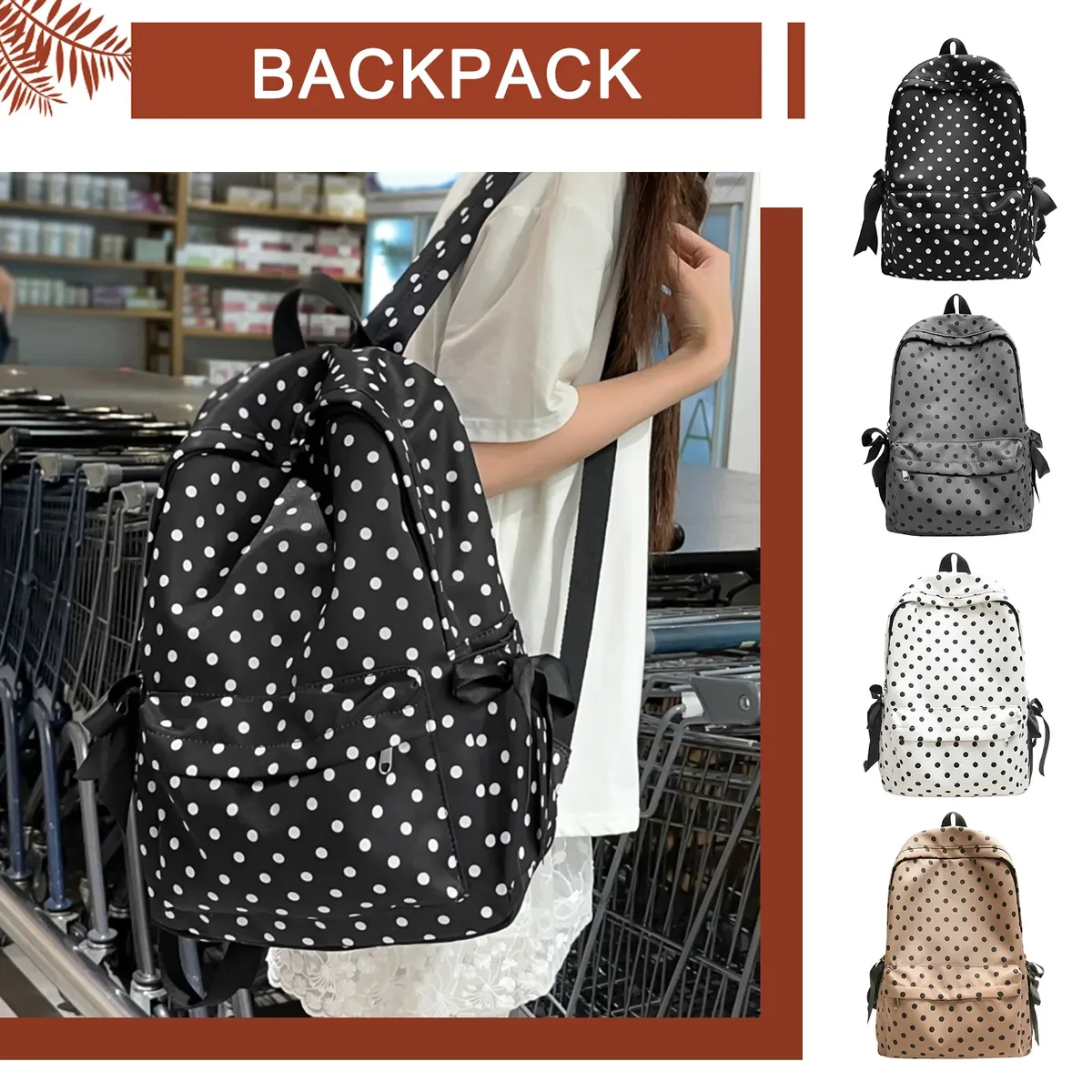 sac à dos mignon à pois kawaii en nylon, sac à dos de voyage esthétique pour filles et femmes, idéal pour l'université et les loisirs