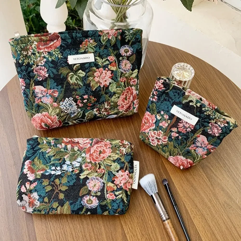 Pochette en toile de polyester à motif floral, grande capacité, pochette de rangement pour cosmétiques, fermeture éclair portable, trousse de maquillage
