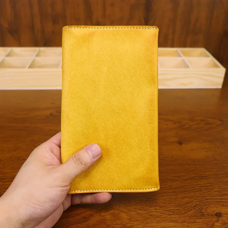 porte-passeport d'affaires en cuir véritable, tannage végétal, organisateur de documents en détresse à la main, support pour téléphone, portefeuille long en cuir de vache