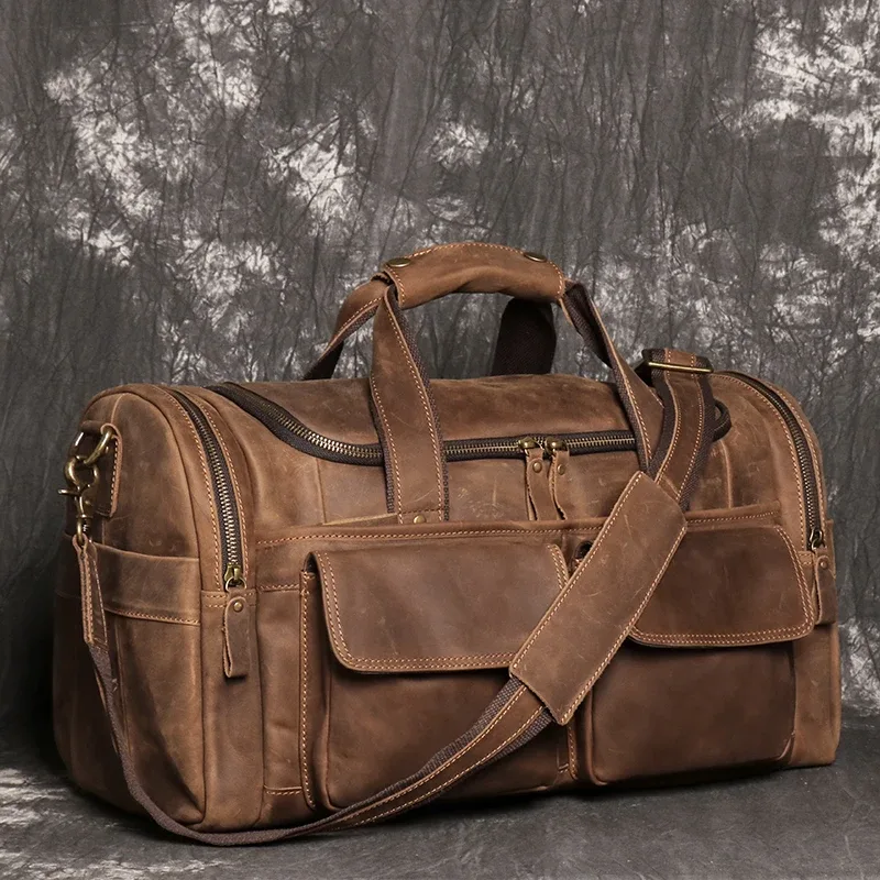 sac à main rétro marron pour hommes, sacoche en cuir de cheval fou, sac de voyage de grande capacité, sac d'affaires de week-end, sacoche à épaule unique