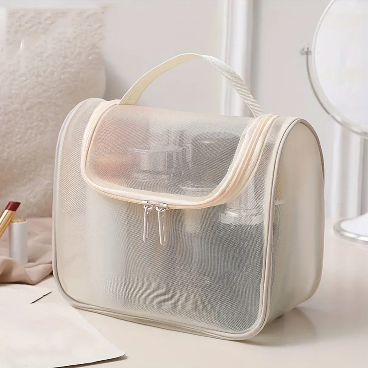 nouvelle trousse de toilette multifonctionnelle, sac de maquillage portable en nylon à mailles incurvées, sac de rangement pour cosmétiques de grande capacité pour femmes