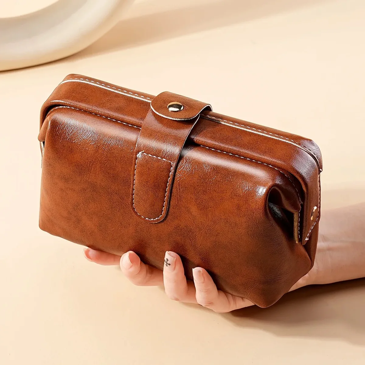 sac à cosmétiques en cuir pu vintage pour femmes et filles, porte-monnaie à boutons de couleur unie, trousse de maquillage étanche de grande capacité