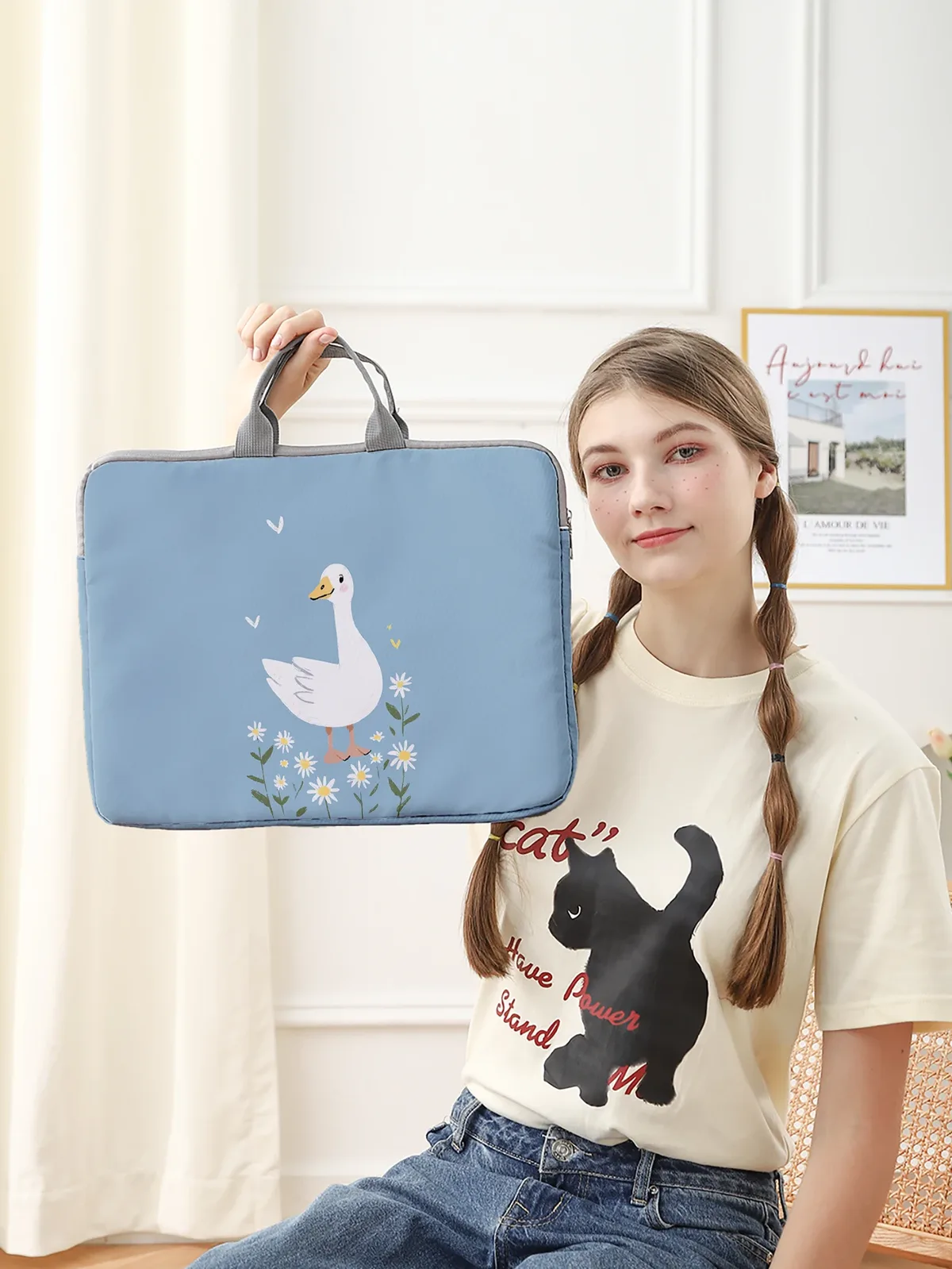 un ensemble, deux styles, housse pour ordinateur portable imprimée avec motif de canard blanc et de marguerites, mallette, adaptée aux ordinateurs portables de 14 pouces