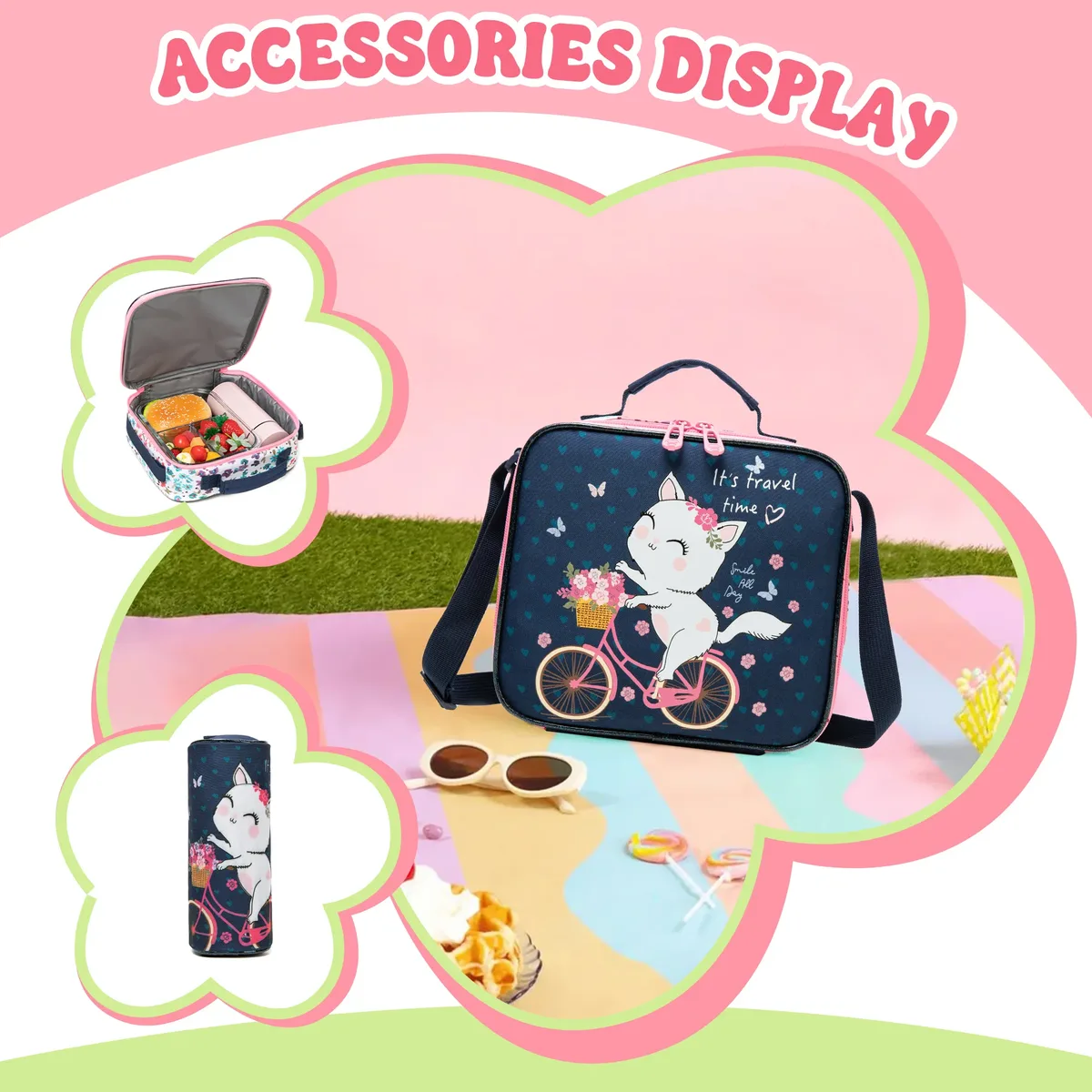 sac dos polyester bleu marine chat rose bicyclette fleurs multicolores grande capacité poche ordinateur portable roues fixes accessoires enfants voyage ecole