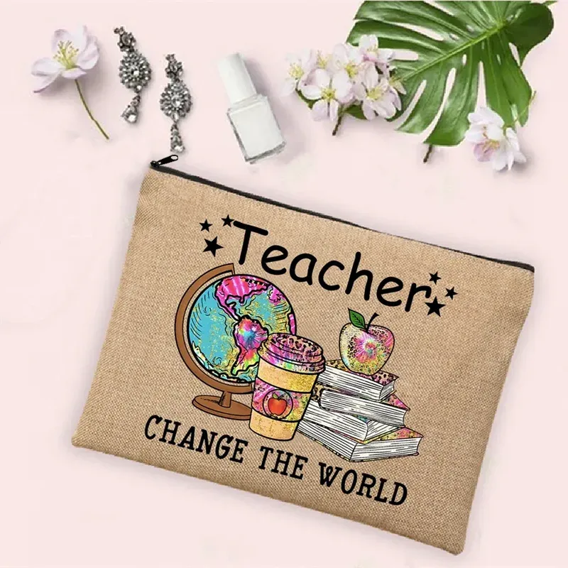 teacher change the world linen powder trousse de toilette de voyage pour femme, trousse de maquillage, cadeau de retour à l'école, sac à cosmétiques