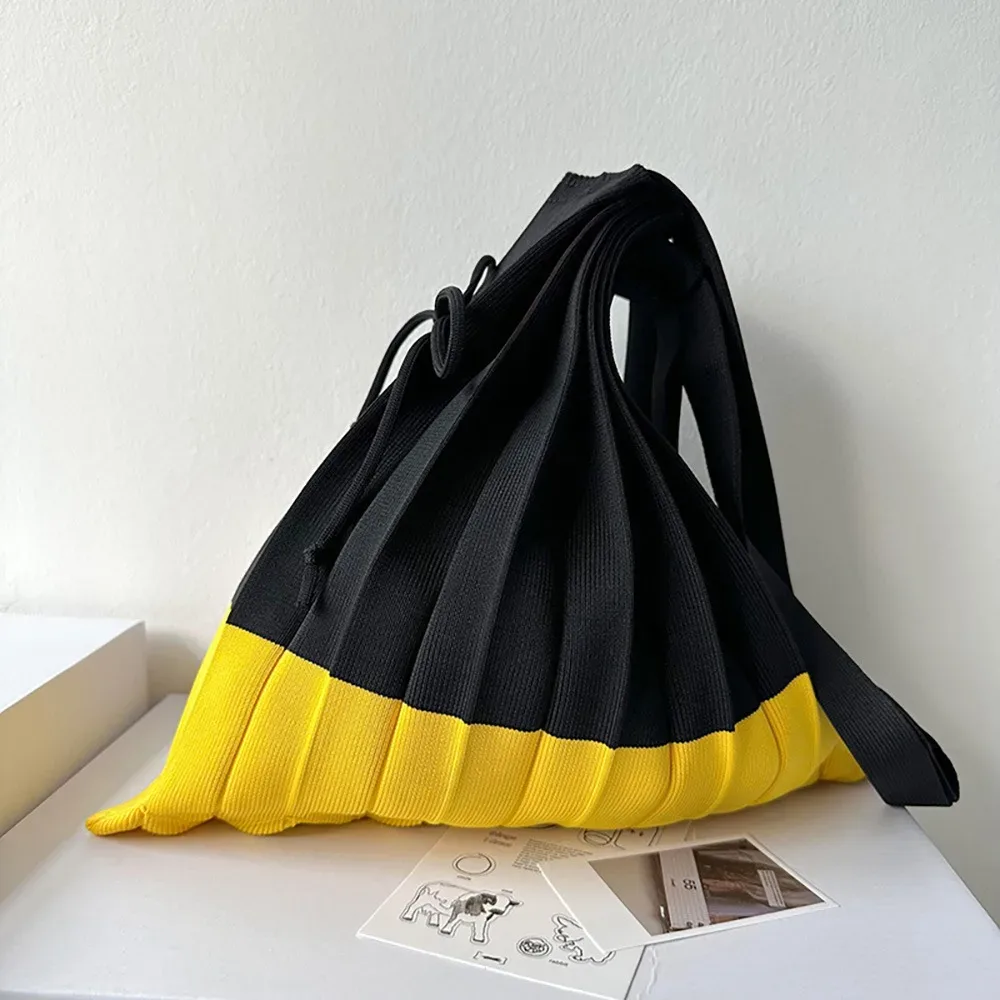 sac à main pliable en tricot, sac de shopping, pochette d'épaule, sac écologique pliable, sac de voyage à grande capacité, couleur contrastée, plissé.