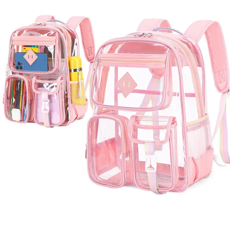 nouveau sac à dos transparent en pvc pour activités de plein air, imperméable, grande capacité, pour collégiens, lycéens et étudiants.