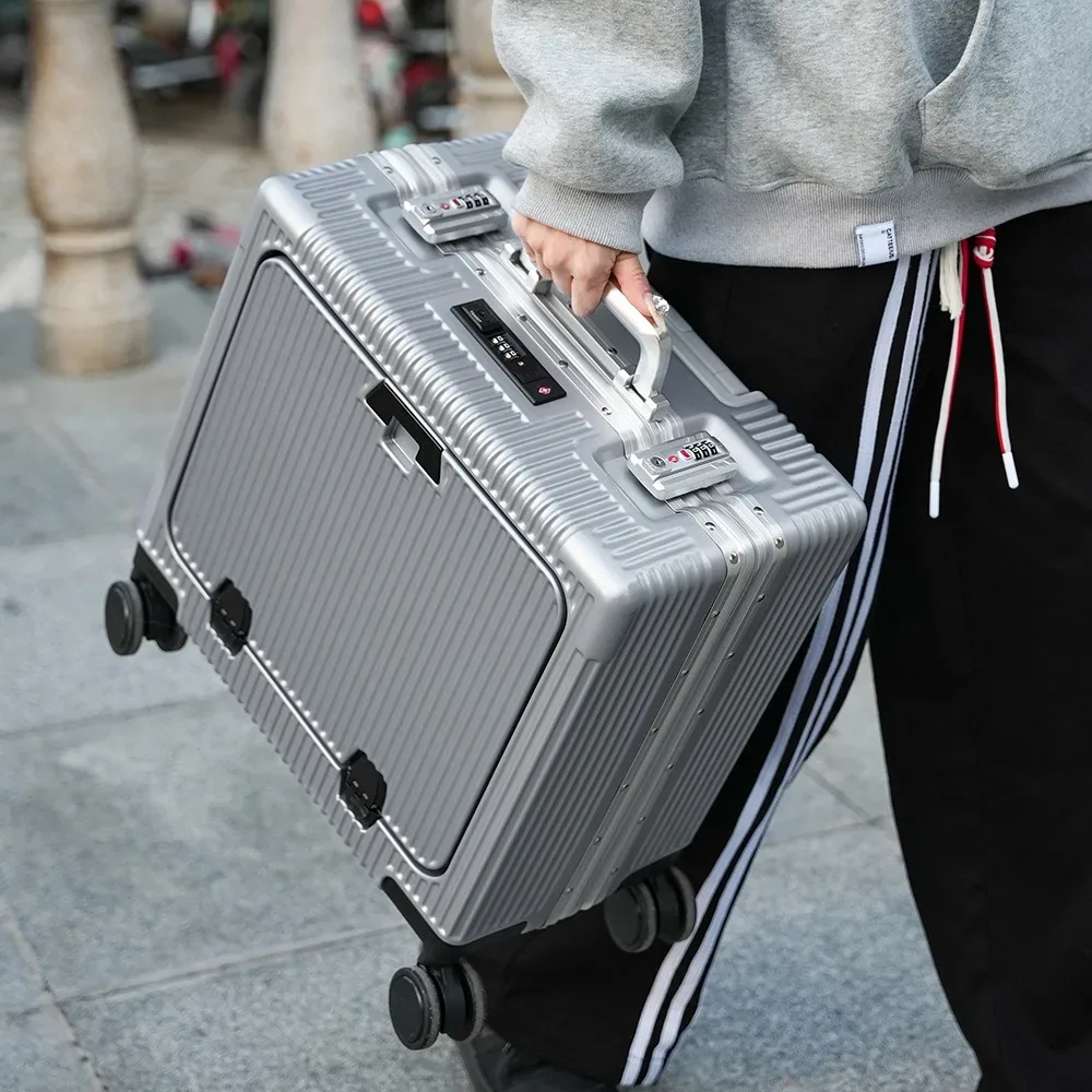 valise de poche à ouverture avant, cadre en alliage d'aluminium, bagages roulants de 18 pouces, sacs de chariot de voyage à main avec roue rotative