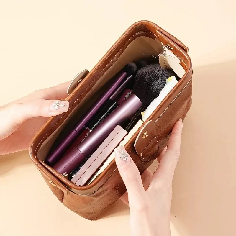 sac de toilette vintage en cuir pu de luxe, grande capacité, pour ranger les pinceaux de maquillage, sac de voyage portable pour femme