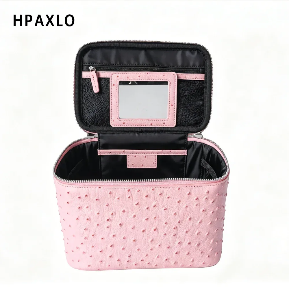 nouvelle trousse de toilette en cuir véritable à motif autruche pour femmes, grande capacité, organisateur de salle de bain de luxe