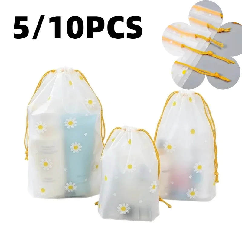 sac en plastique imprimé marguerite, blanc transparent, pliable, sac de voyage imprimé marguerite, adapté au rangement des serviettes, fournitures de voyage, 5/10 pièces