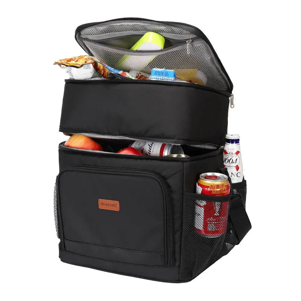 sac dos polyester noir isolement compartiments poche latérale poignée supérieure sacoche voyage fruits boissons