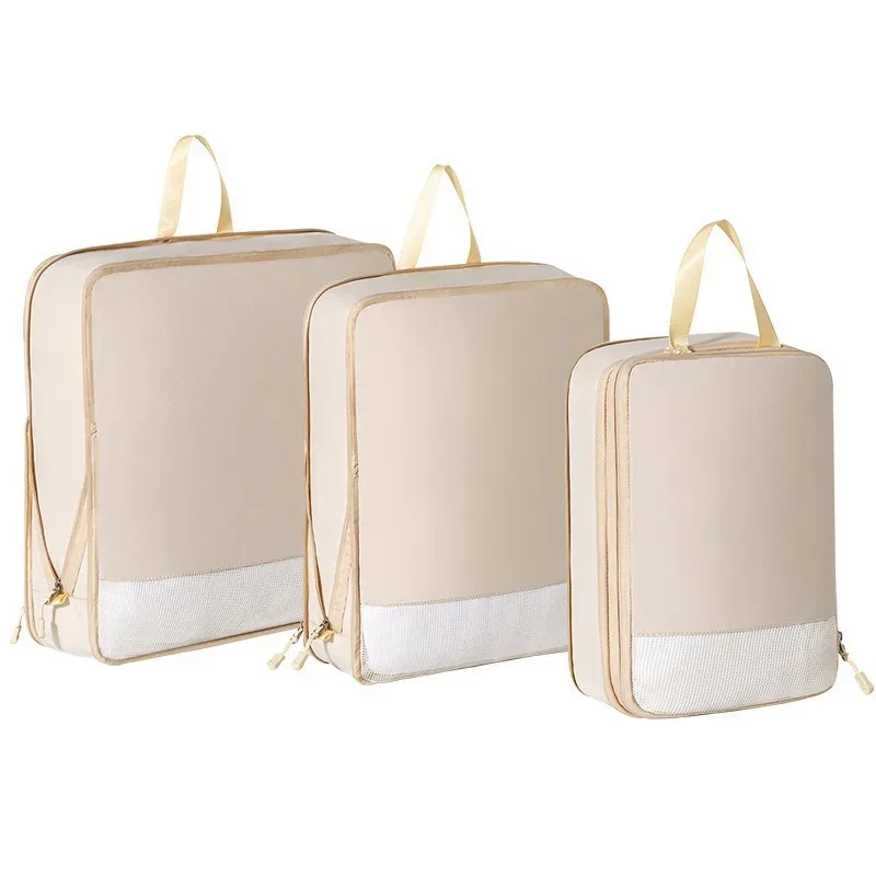 organisateur voyage polyester beige compression cube sac rangement vêtements transport simple élégant imperméable antipli