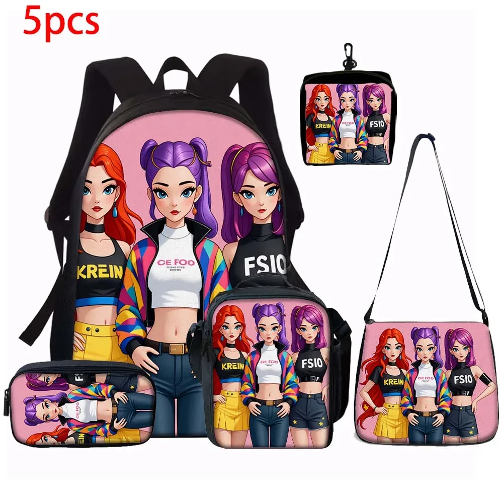 sac dos polyester dessin animes personnages stylisés fonds rose noirs accents couleurs vivantes transport journalier