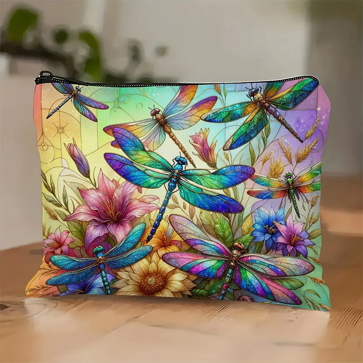 trousse de maquillage libellule colorée | pochette cosmétique hypoallergénique avec motif floral et insectes, organisateur adapté aux voyages