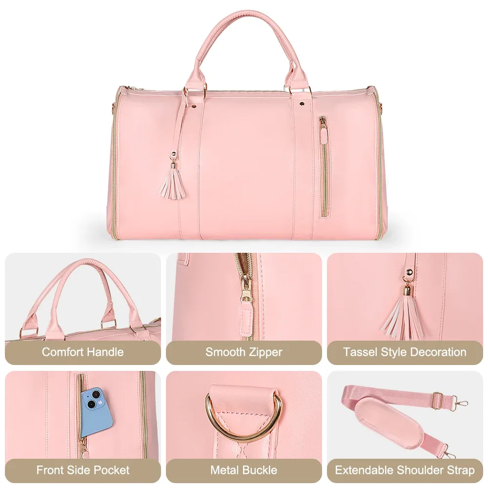 sac voyage polyester rose clair poignées amovibles bandoulière format rectangulaire sac polyvalent grande capacité