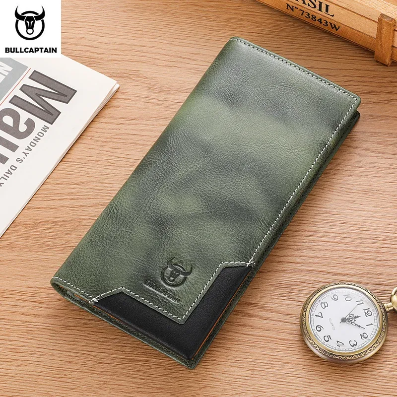 bullcaptain – sac à main long en cuir véritable pour hommes, fonction rfid, porte-carte de crédit, porte-monnaie en cuir, portefeuille multifonctionnel