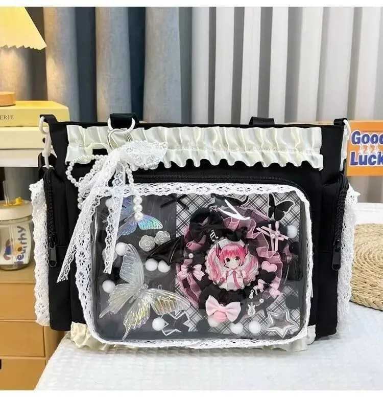 y2k nouveau sac à bandoulière doux ita lolita fille sac à bandoulière transparent femmes grande capacité sac fourre-tout en dentelle mignon bricolage affichage sac à main
