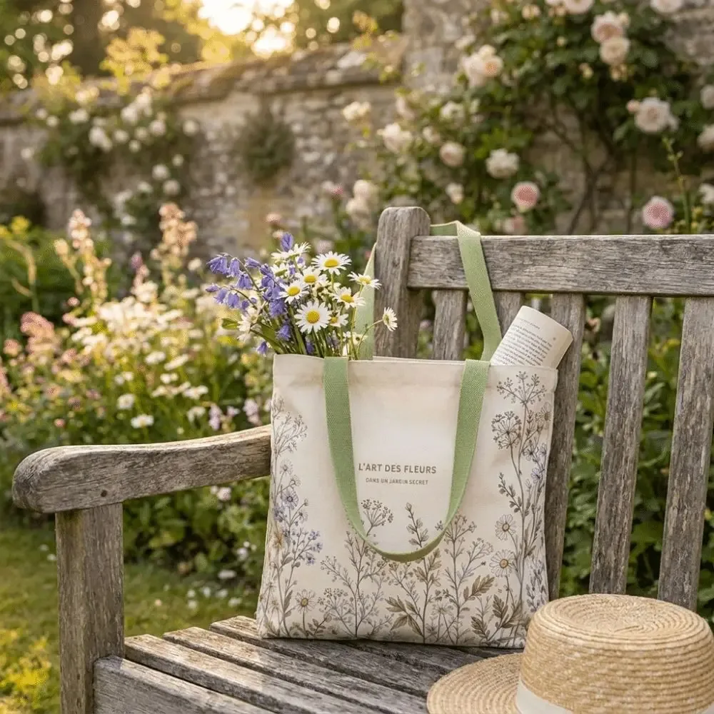 nouveau sac fourre-tout en toile de coton, durable et léger, imprimé marguerites vertes, idéal pour les voyages et le shopping.