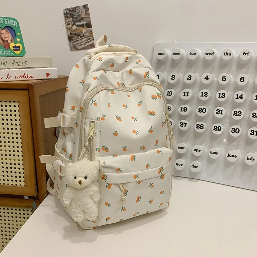 sac d'école en nylon pour étudiants, motif floral, style preppy, sac à dos pour femmes avec pendentif, grande capacité, sac à dos de voyage