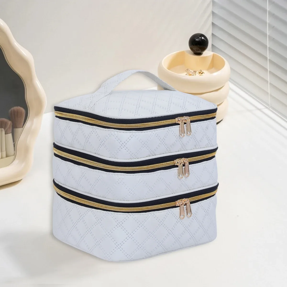 trousse de maquillage matelassurera à 3 couches, grande capacité, adaptée aux voyages et à la maison