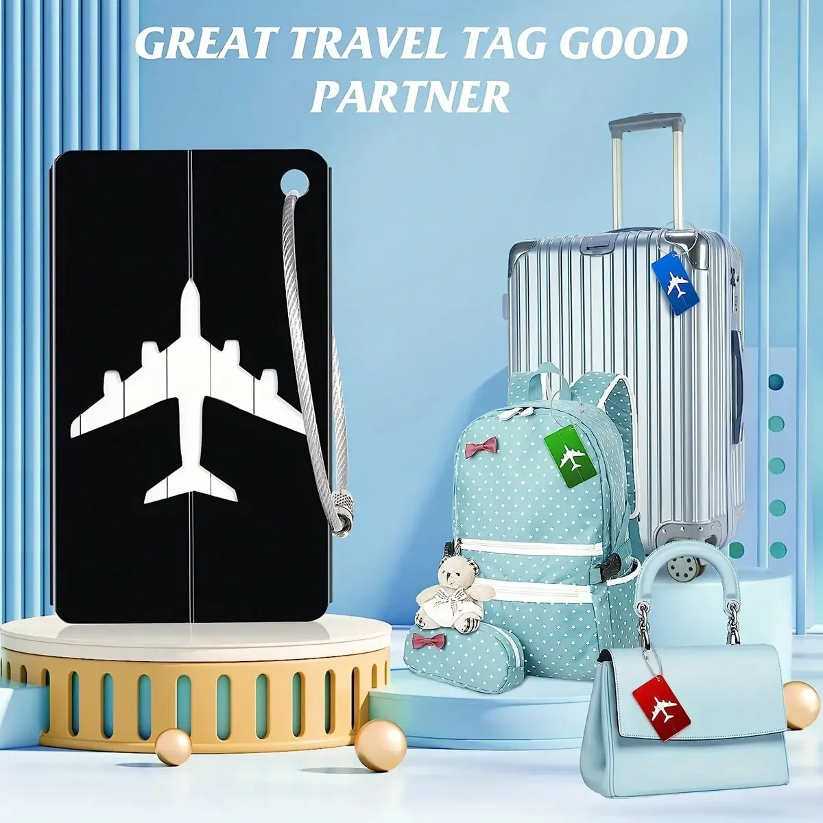 étiquette de bagage en aluminium étanche, motif avion minimaliste avec anneau en acier inoxydable, porte-passe d'embarquement, porte-carte d'identité de voyage
