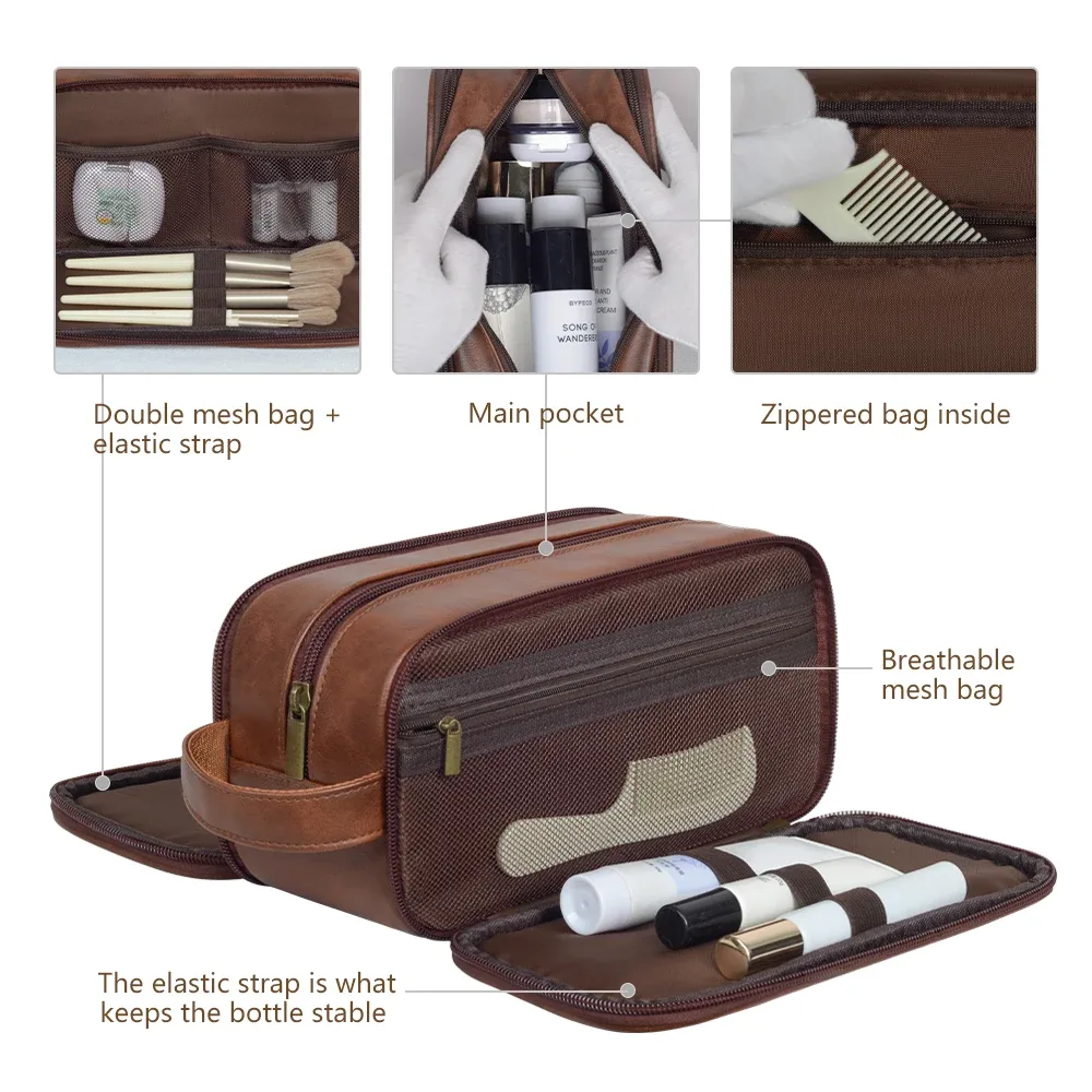trousse de toilette de voyage pour hommes en cuir résistante à l'eau avec poignée, organisateur polyvalent pour articles de toilette, trousse de toilette personnalisable avec logo, kit dopp