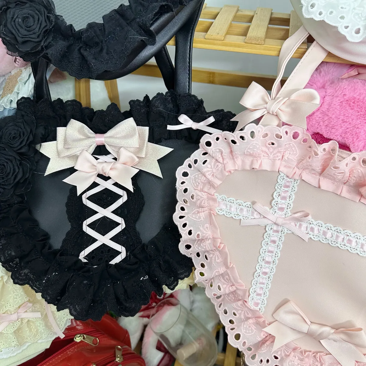 lolita fait à la main amour coeur dentelle fleur mignon sac à bandoulière douce fille étudiants arc fourre-tout sacs à main