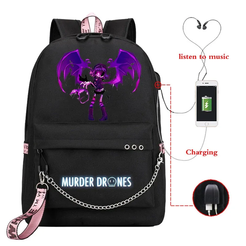 sac dos toile dessin animé personnages colorés logo murder drones chaîne métallique câble usb voyage capacité 20 35 litres