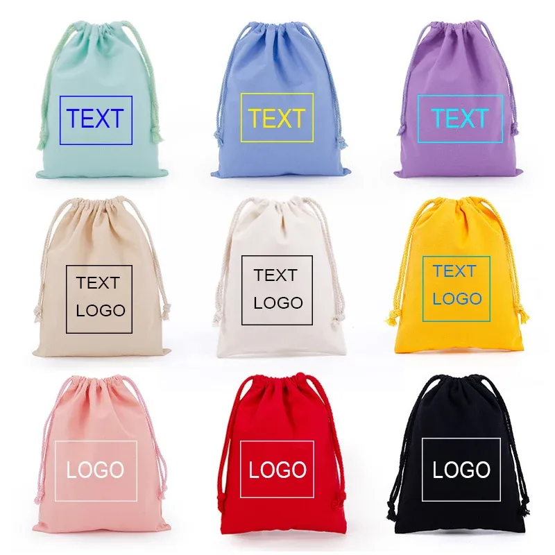 sac d'emballage en toile de coton et polyester avec cordon de serrage, personnalisable avec logo, blanc uni, pour cadeaux et rangement