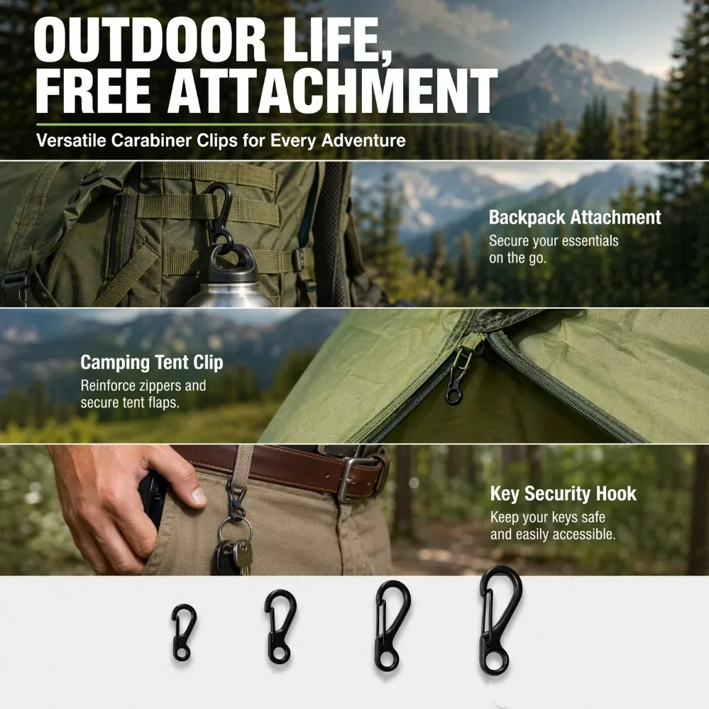 carabiner métal noir clip ressort sangles voyage camping escalade survie activités plein air randonnée utilisation rapide sécurisée conception robuste