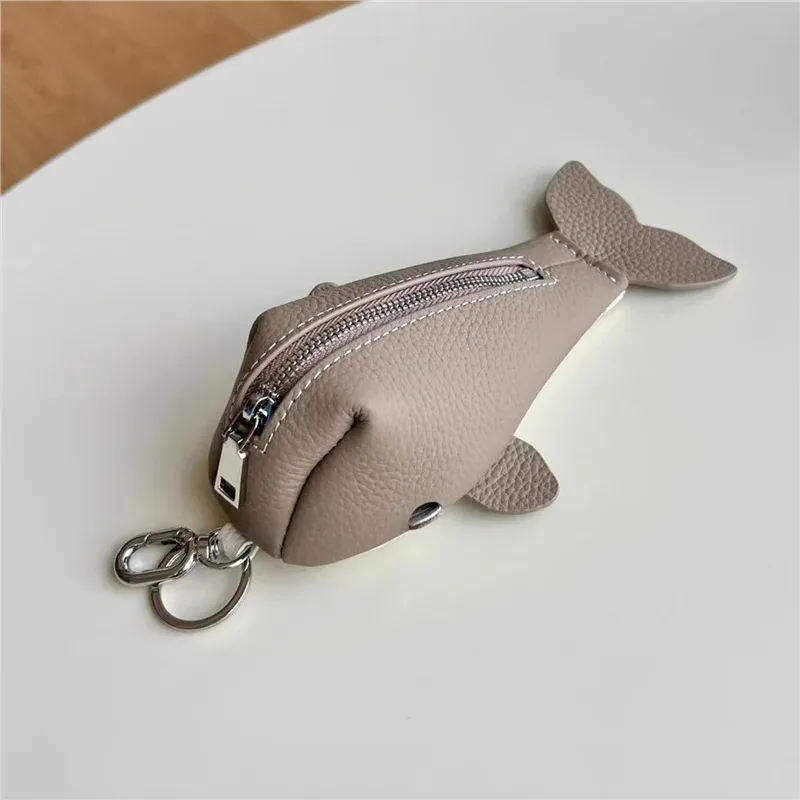porte-clés en cuir à fermeture éclair, organisateur de pièces de monnaie violettes en cuir de vache, porte-monnaie en forme de baleine pour hommes et femmes