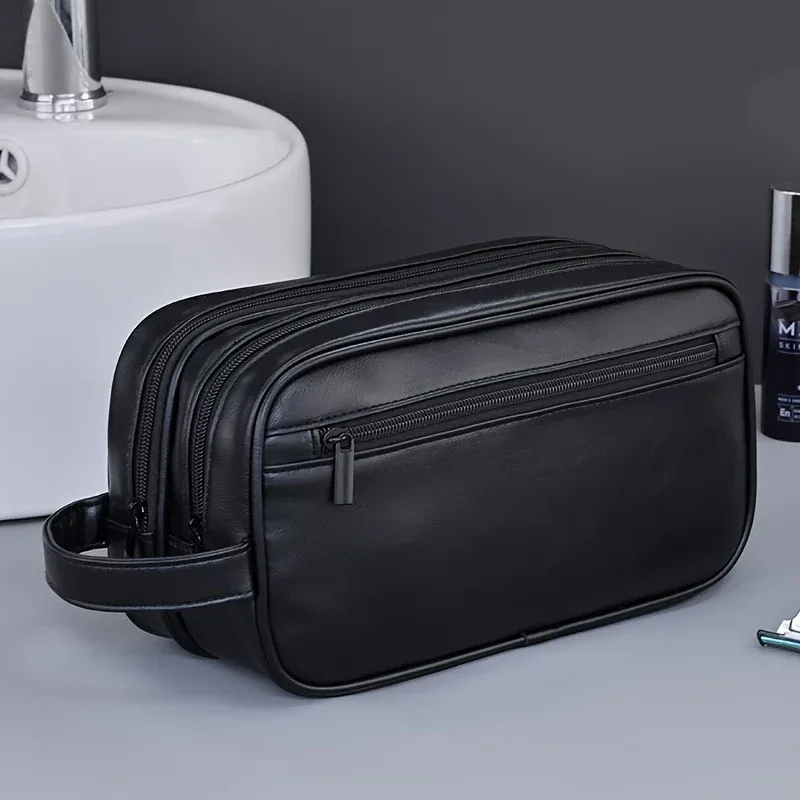 trousse toilette cuir synthétique noir gravure lettre poignée latérale voyage sport affaires sac cosmétiques imperméable