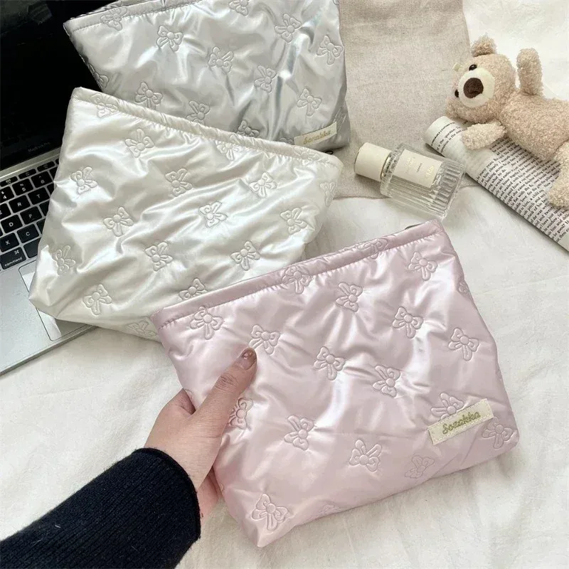 sac à cosmétiques matelassé coréen en pu avec nœud d'amour, pochette pour produits de soins de la peau, poche intérieure, sac de rangement multifonction pour maquillage et rouge à lèvres