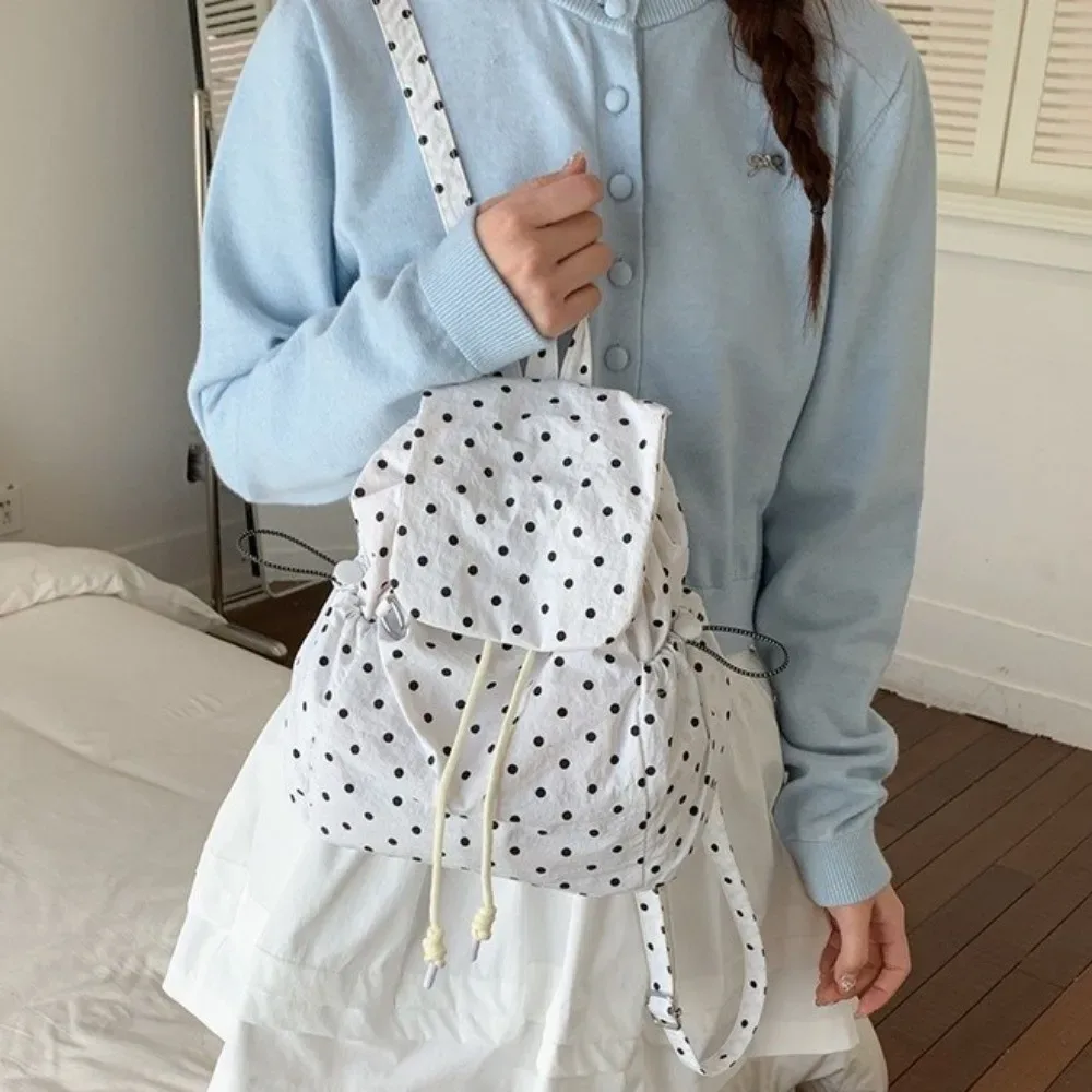 sac à dos à pois multi-poches avec cordon de serrage, style coréen polyvalent, sac à dos de jour en tissu grande capacité, idéal pour les affaires