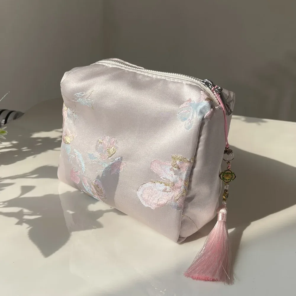 pochette cosmétique respirante en polyester, broderie florale style chinois, fermeture éclair, sac de rangement pour voyage