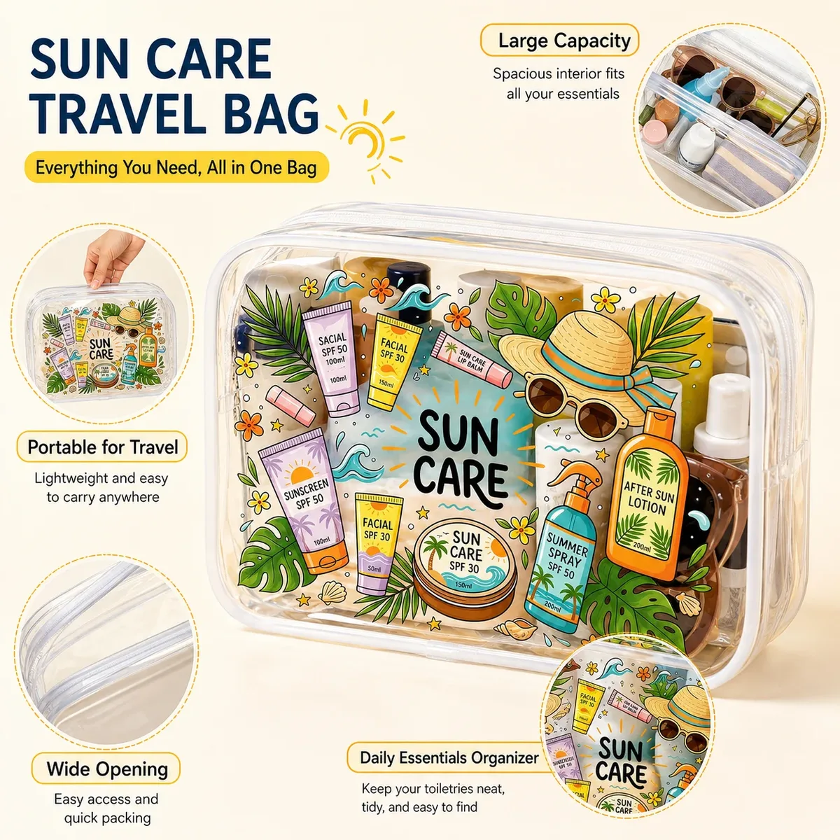 trousse de toilette transparente en pvc imprimée sun care, pochette de voyage imperméable pour cosmétiques, organisateur de maquillage pour femme, rangement pour soins de la peau à la plage