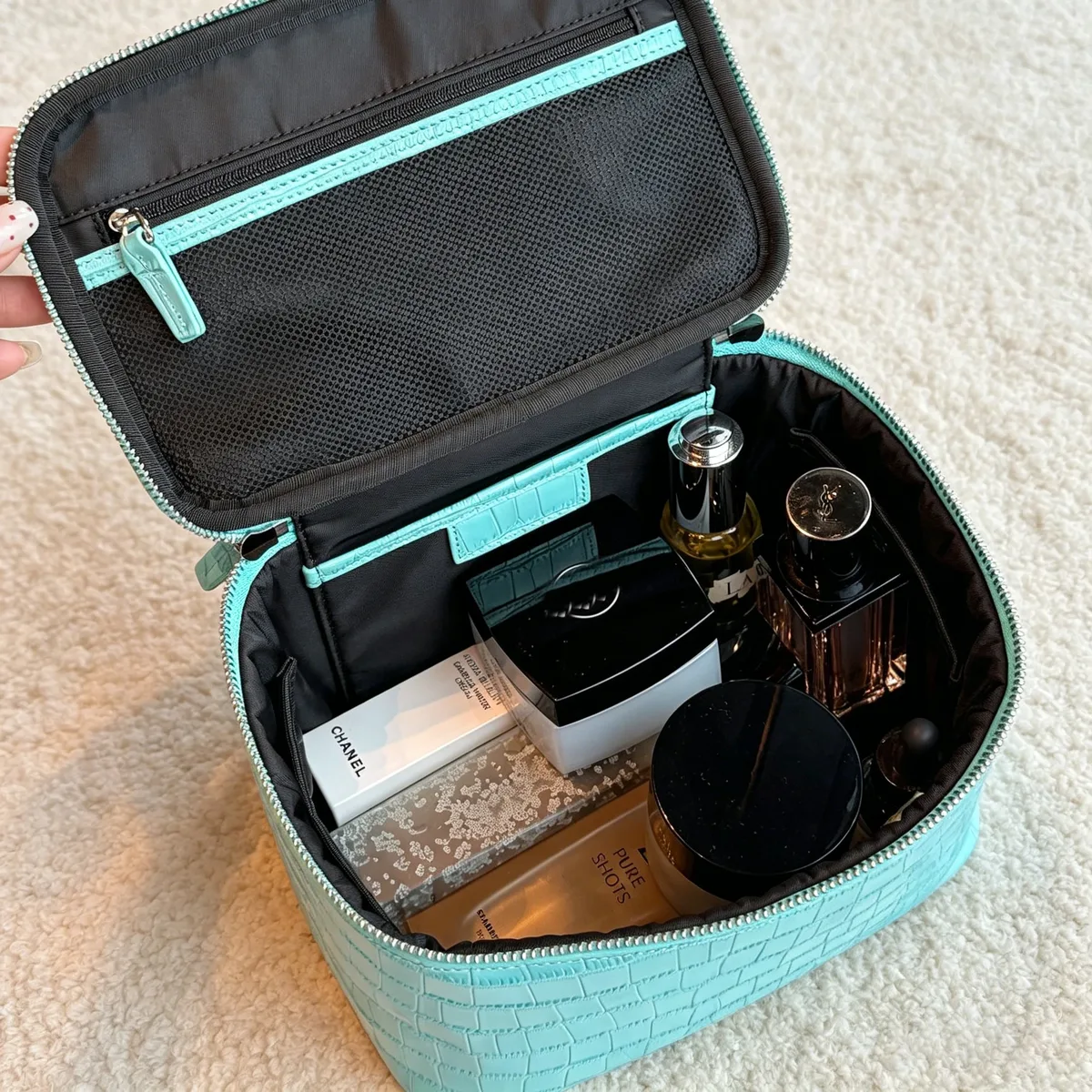 sac à cosmétiques en cuir véritable à motif crocodile, nouveau sac de toilette de voyage portable de luxe en cuir de vachette de grande capacité