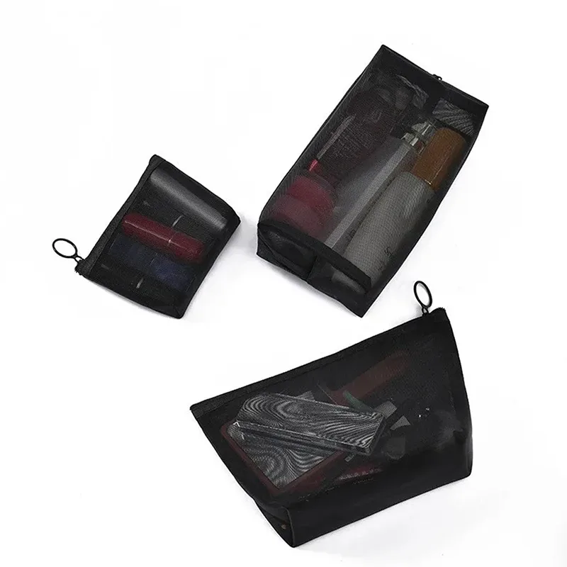 sacs cosmétiques transparents en maille noire - trousse de toilette de voyage portable, petite et grande, pochette de rangement pour maquillage et rouge à lèvres