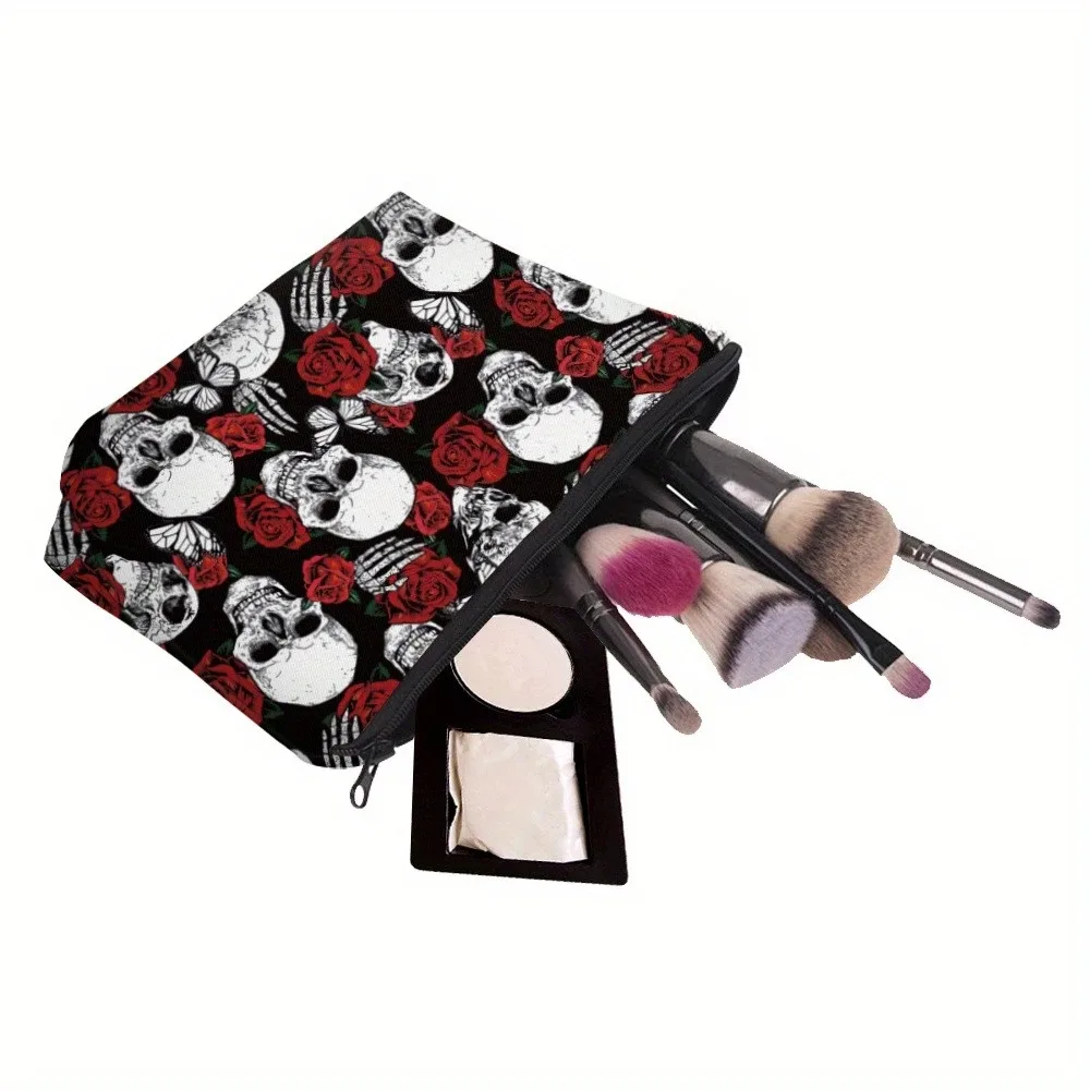 trousse de maquillage gothique à motif de rose et de crâne, pochette cosmétique portable en polyester durable, sac de voyage de grande capacité, cadeau d'halloween