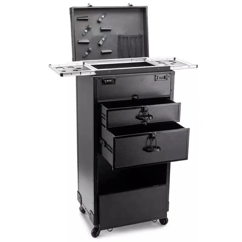 grande valise professionnelle à roulettes pour coiffeur, esthéticienne et maquilleuse, avec serrure à combinaison