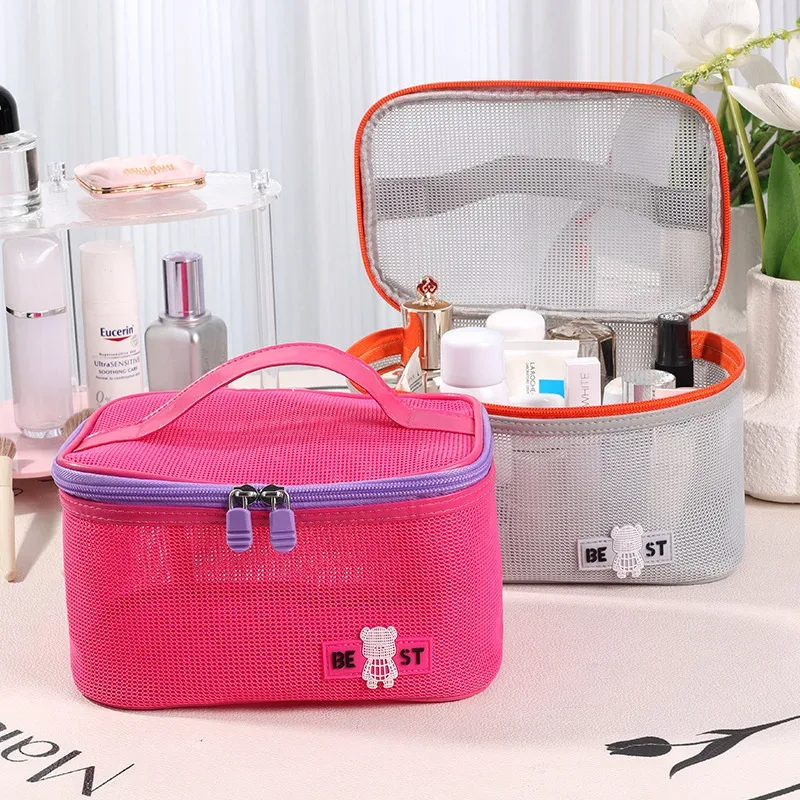 sac de toilette portable en maille, pochette de douche, trousse de maquillage de voyage, sac de rangement de plage à séchage rapide, grande capacité, sac cosmétique en maille