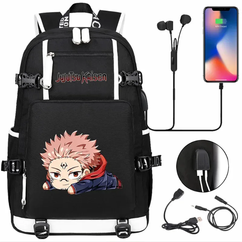 jujutsu kaimmer-sacs à dos college pour hommes et femmes, cartable anime pour adolescents, port de charge usb décontracté, sacs d'extérieur pour ordinateur portable, noir, mochila