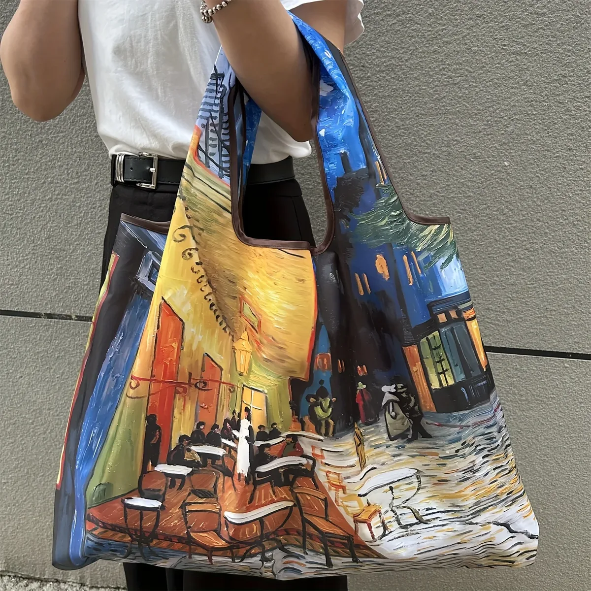 sac de shopping pliable, motif vintage van gogh café terrace, réutilisable, imperméable, grand sac fourre-tout, sac à main portable pour courses, cadeau pour femmes
